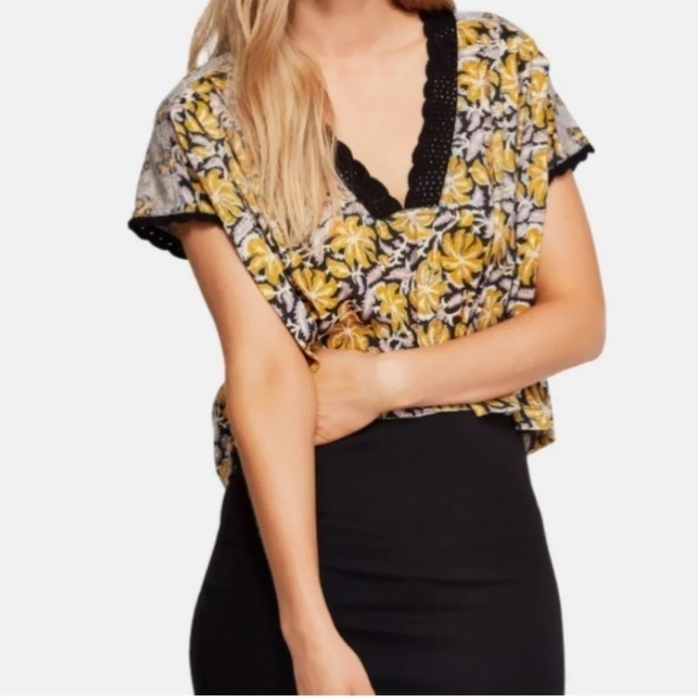 Free People Yellow Floral Leilani Crop With Crochet Lace Trim S - Picture 1 of 13